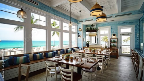 Oceanfront restaurant interior with wooden tables, white chairs, and blue accents.