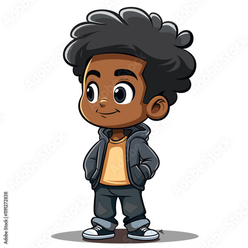 Vector illustration of a Cute Little Black Boy in a Black Jacket.