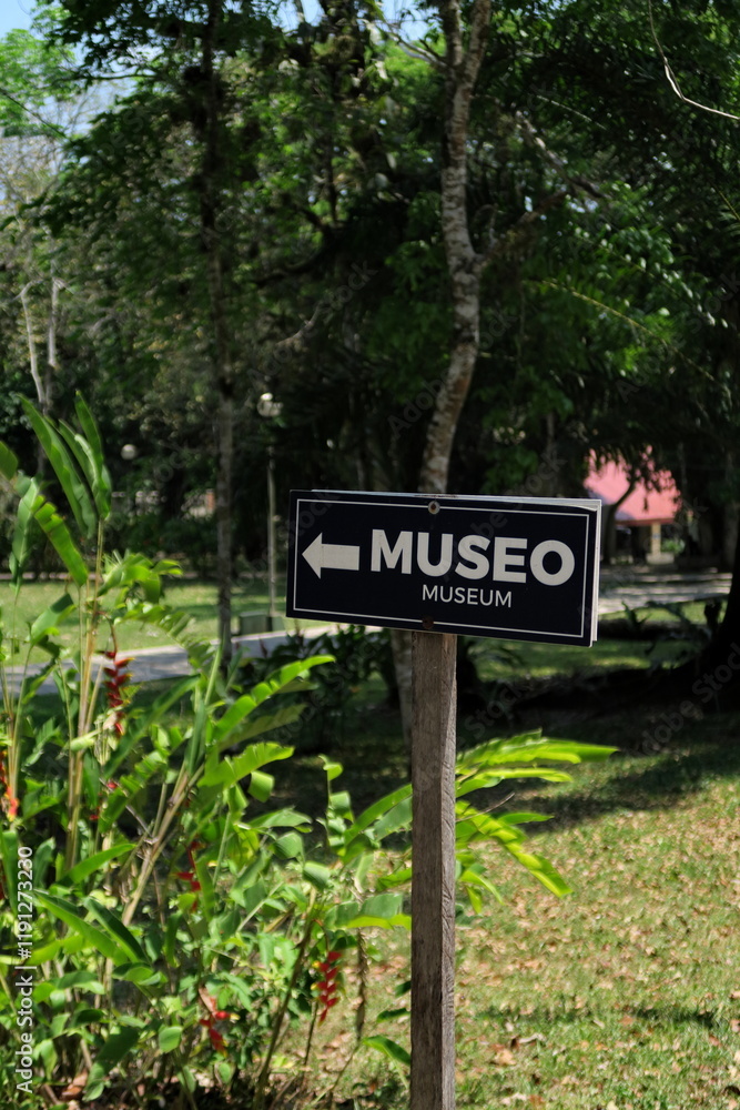 Museo, Museum. Panneau de direction dans la forêt. Museo, Museum. Panneau de direction dans la forêt.