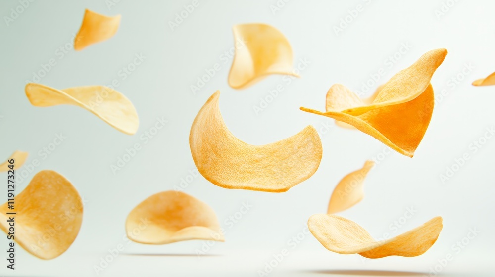 Thinly sliced and perfectly fried potato chips gracefully levitate against a clean white backdrop, creating a visually appealing display of this popular snack Thinly sliced and perfectly fried potato chips gracefully levitate against a clean white backdrop, creating a visually appealing display of this popular snack