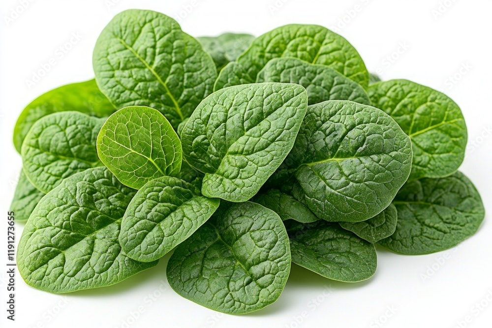 cluster of vibrant spinach leaves exhibits intricate veins and natural curves set against crisp white background emphasizes their freshness and detail. cluster of vibrant spinach leaves exhibits intricate veins and natural curves set against crisp white background emphasizes their freshness and detail.