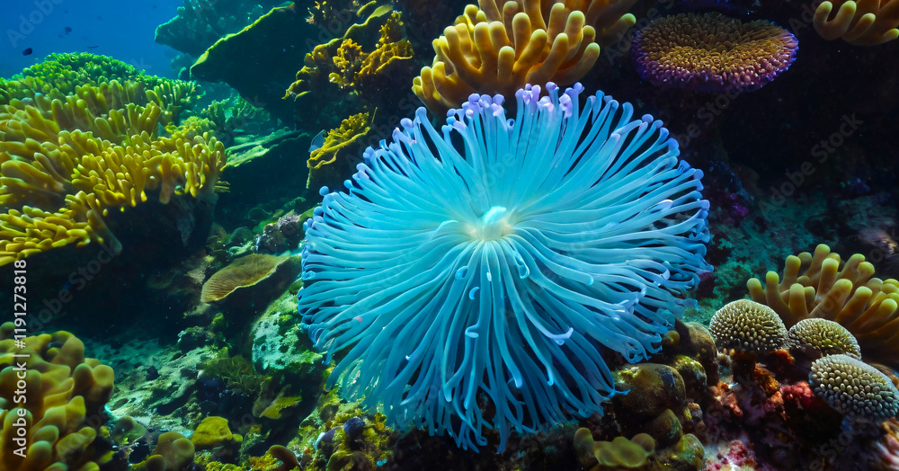 Close up of bubble anemone on a tropical coral reef.