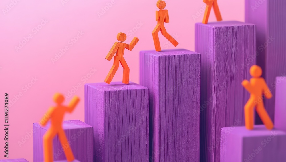 Muted purple wooden blocks form ascending steps, with vibrant orange figures climbing upward