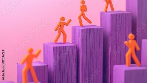 Obraz na płótnie Muted purple wooden blocks form ascending steps, with vibrant orange figures climbing upward w salonie