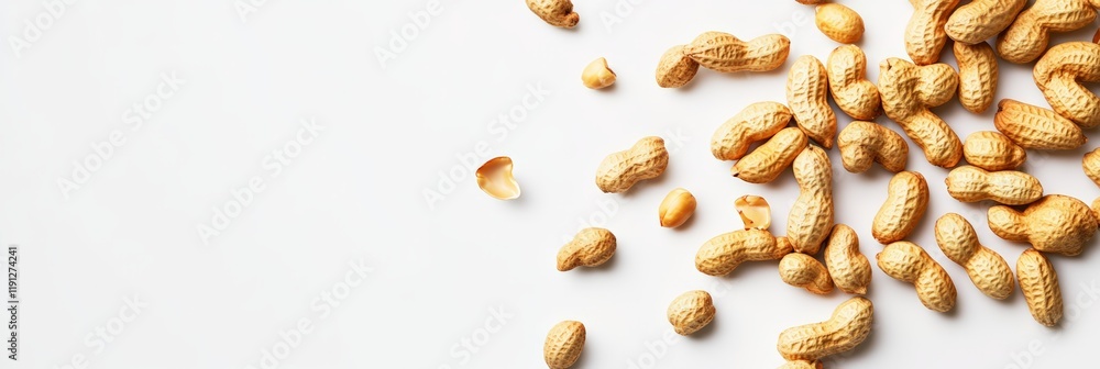 Numerous peanuts in shells are falling onto a white surface, creating a visually appealing and dynamic composition with some shells open and some closed, showcasing the nuts inside Numerous peanuts in shells are falling onto a white surface, creating a visually appealing and dynamic composition with some shells open and some closed, showcasing the nuts inside