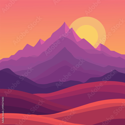 Flat vector landscape designs showcasing diverse weather and locations: sunny beaches, snowy mountains, rainy forests, and desert sunsets. Minimalist, vibrant, and nature-inspired