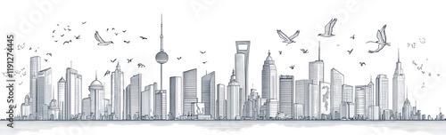 Sketch of a modern city skyline with birds photo