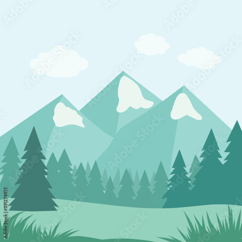 Flat vector landscape designs showcasing diverse weather and locations: sunny beaches, snowy mountains, rainy forests, and desert sunsets. Minimalist, vibrant, and nature-inspired