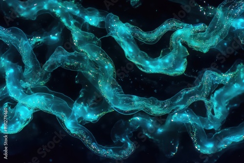 Dramatic closeup macro photo of glowing bioluminescent plankton