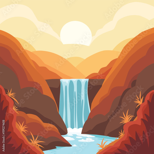 Flat vector landscape designs showcasing diverse weather and locations: sunny beaches, snowy mountains, rainy forests, and desert sunsets. Minimalist, vibrant, and nature-inspired