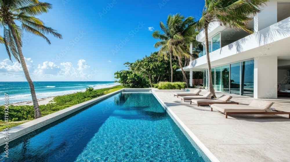 Fototapeta premium Modern villa with large swimming pool surrounded by palm trees close to quiet beach background wallpaper AI generated image
