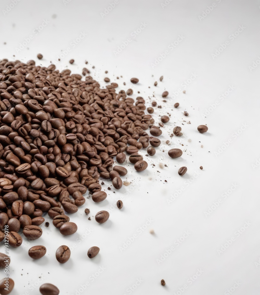 A heap of fallen coffee beans on a plain white background , falling coffee beans, coffee ground A heap of fallen coffee beans on a plain white background , falling coffee beans, coffee ground
