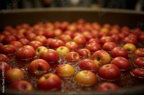 Harvested Red Apples Soaking in Industrial Water Bath for apple cider photo