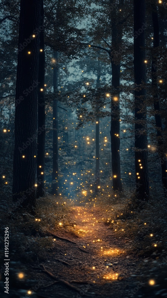 Fototapeta premium Enchanting Woodland Aglow with Mystical Fireflies Illuminating the Twilight Forest Landscape A Fairytale like Scene of Natural Wonder and Captivating Ambience