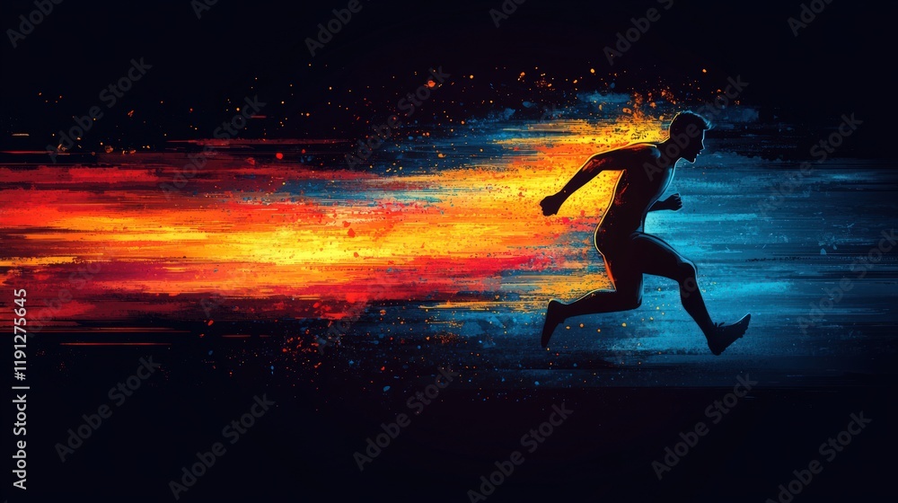 Silhouette runner, vibrant streaks, dynamic motion. Silhouette runner, vibrant streaks, dynamic motion.