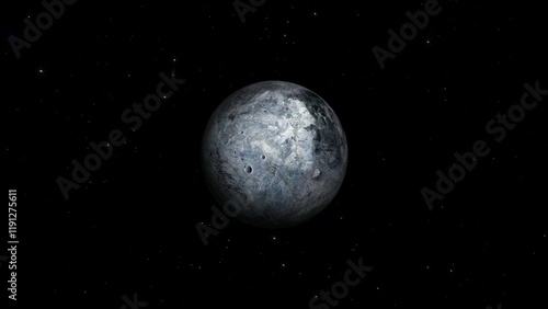 3d spinning eris planet zoom out star background