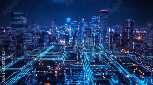 Wallpaper Mural Futuristic Smart cyberpunk city future modern technology metropolis infrastructure background wallpaper AI generated image Torontodigital.ca