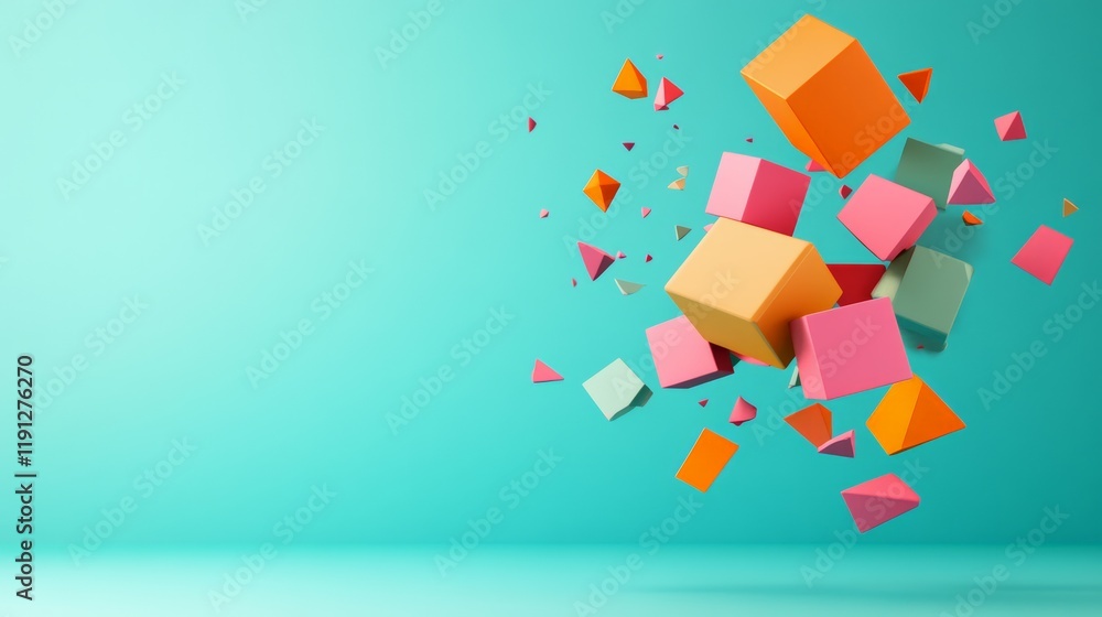 Abstract composition featuring colorful cubes and triangles levitating against a vibrant turquoise backdrop, creating a dynamic and playful visual Abstract composition featuring colorful cubes and triangles levitating against a vibrant turquoise backdrop, creating a dynamic and playful visual