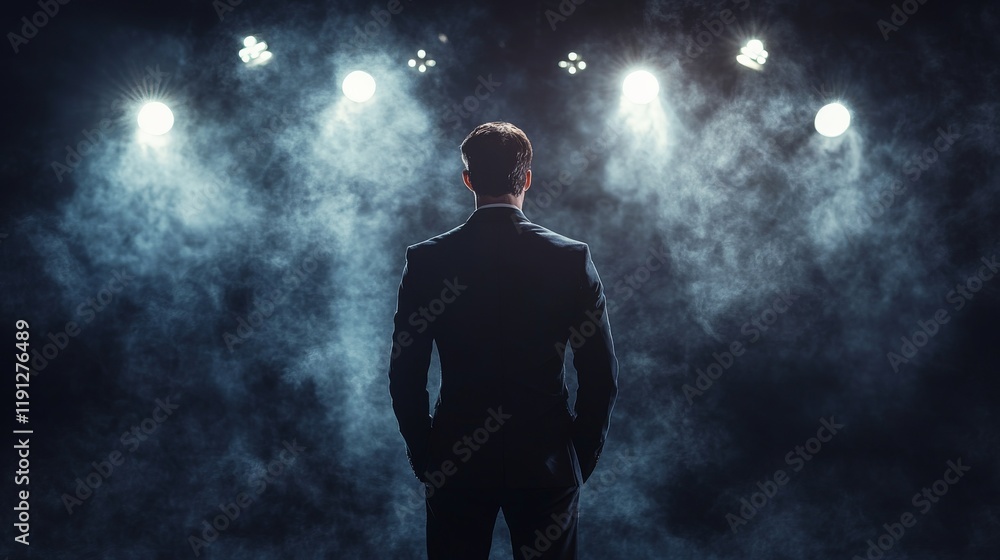 Fototapeta premium Confident business leader standing on stage under dramatic spotlights, leadership and professionalism concept in a dark modern setting