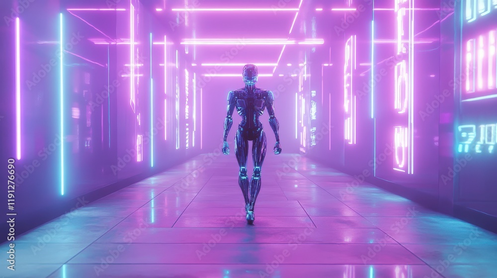 A futuristic female robot walks through a neon lit corridor A futuristic female robot walks through a neon lit corridor