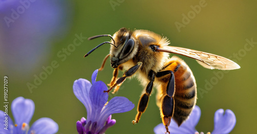 detail of honeybee in Latin Apis Mellifera, european or western honey bee sitting on the violet or blue flower