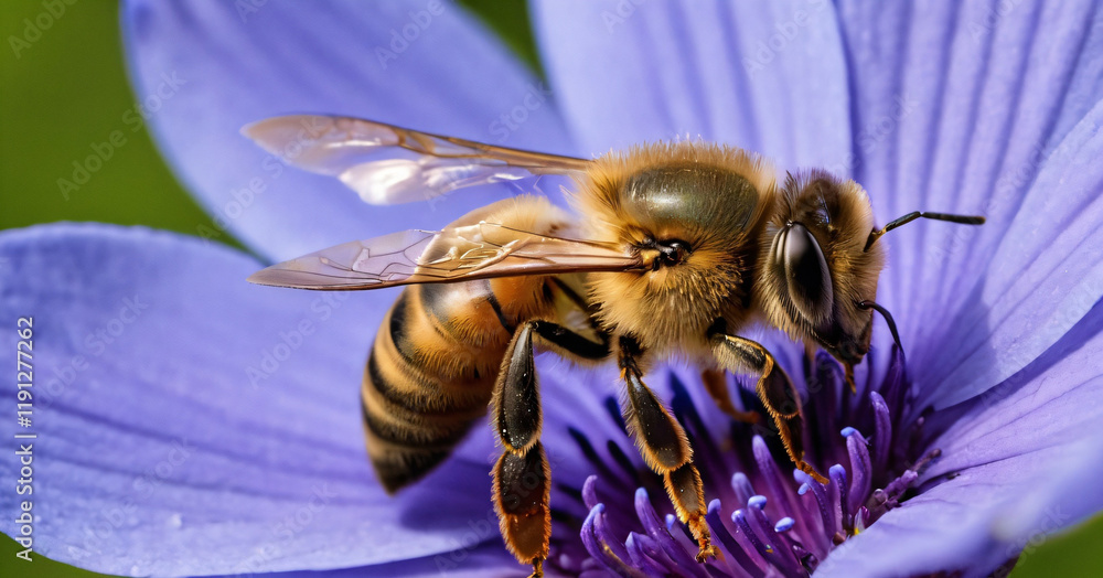 detail of honeybee in Latin Apis Mellifera, european or western honey bee sitting on the violet or blue flower
