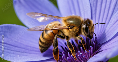 Obraz na płótnie detail of honeybee in Latin Apis Mellifera, european or western honey bee sitting on the violet or blue flower w salonie