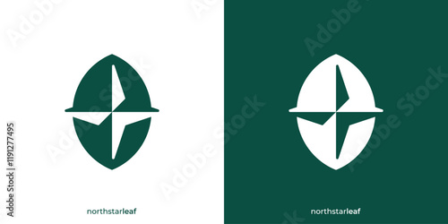 Simple North Star Leaf Logo. North Star and Leaf Shape Graphic Icon. Compass Logo Design Template.