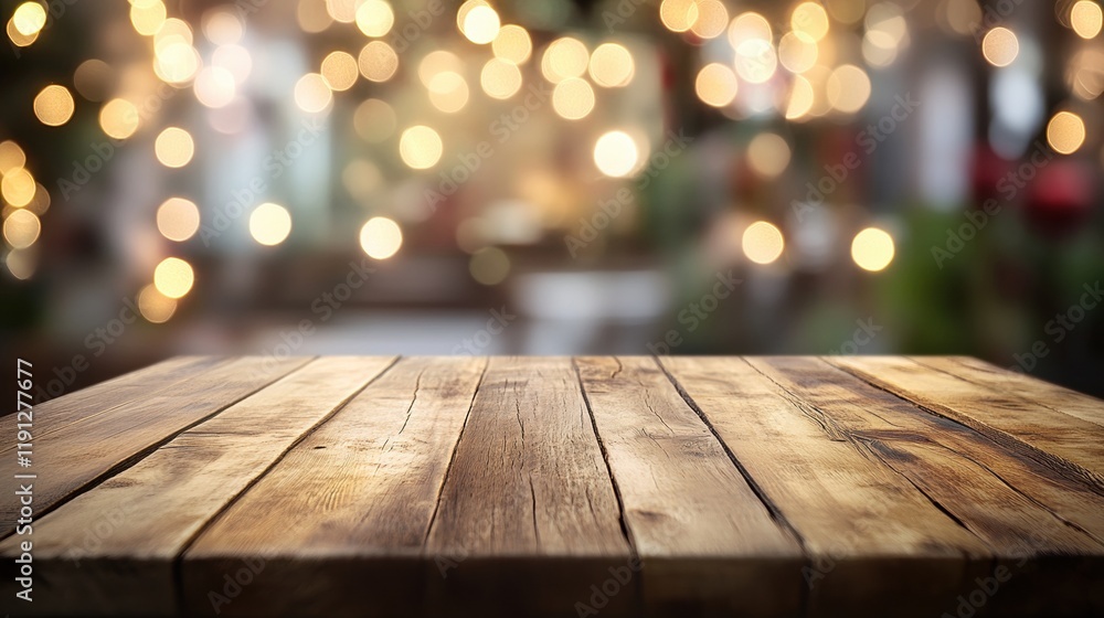 Rustic wooden table with warm bokeh lights in the background Rustic wooden table with warm bokeh lights in the background