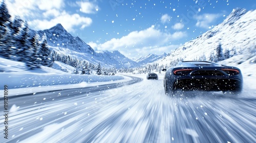 Sleek sports cars navigating a snow-covered mountain highway in winter wonderland