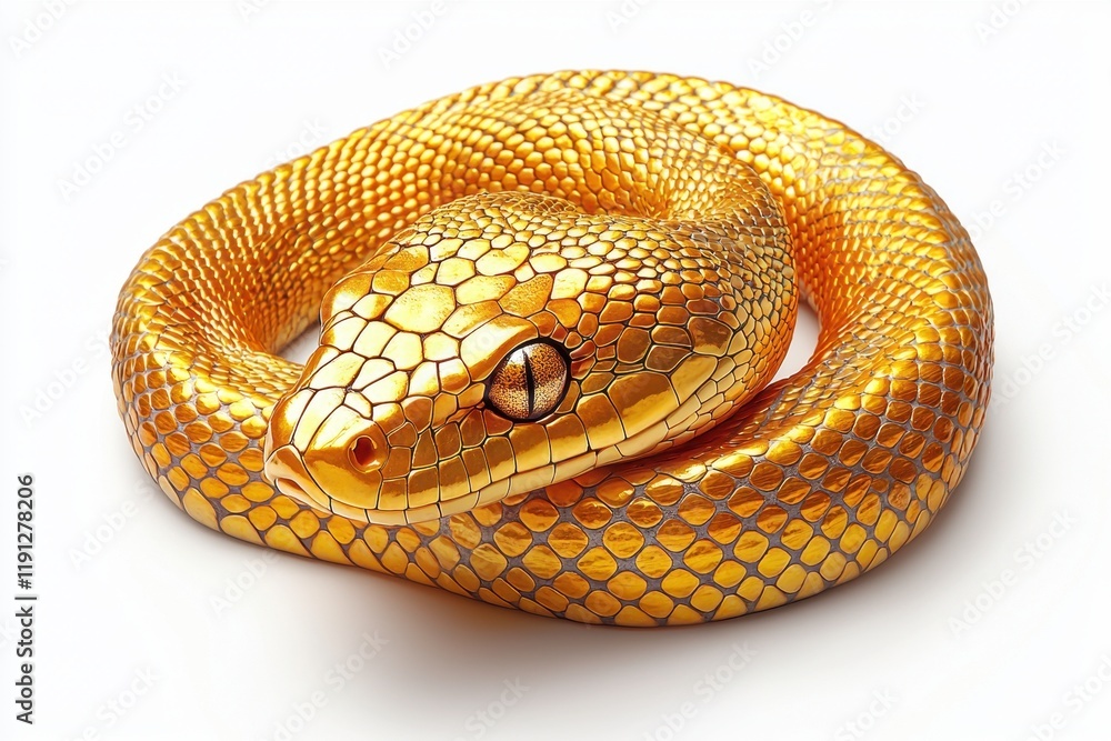 Fototapeta premium A Stunning Close-Up of a Beautiful Golden Snake with Meticulously Detailed Scales Glimmering in Natural Light Against a Clean White Background