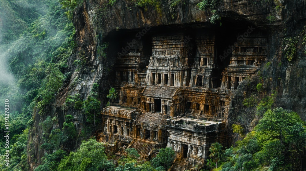 Ancient Cliffside Temple Ruins Overgrown By Lush Jungle Ancient Cliffside Temple Ruins Overgrown By Lush Jungle