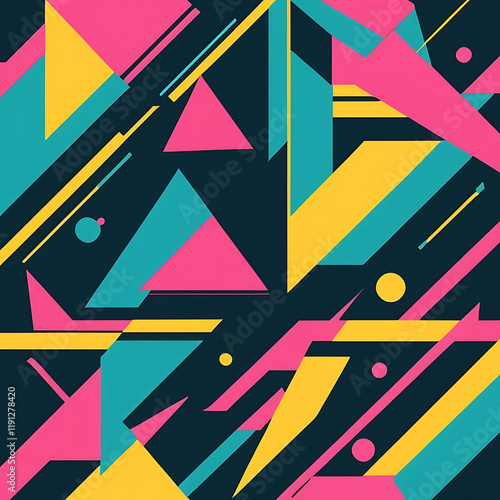 A retro-inspired geometric background with bold, angular shapes, neon accents, and sharp lines in pink, teal, and yellow, evoking a vintage 80s vibe.