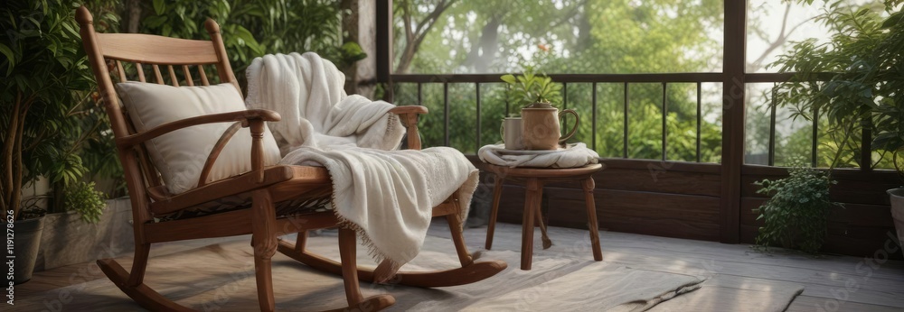 Obraz premium A beautiful wooden rocking chair in a charming garden nook with a steaming cup of hot tea and a soft blanket, peaceful retreat , inviting atmosphere