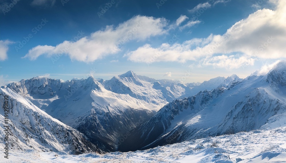 Fototapeta premium snow covered mountains in winter, cold, travel, clouds, panoramic, mount
