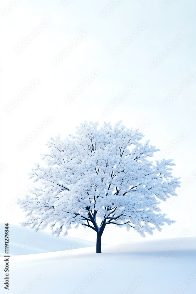A solitary tree covered in fresh snow stands out against a serene winter landscape, capturing the beauty of nature's tranquility. A solitary tree covered in fresh snow stands out against a serene winter landscape, capturing the beauty of nature's tranquility.