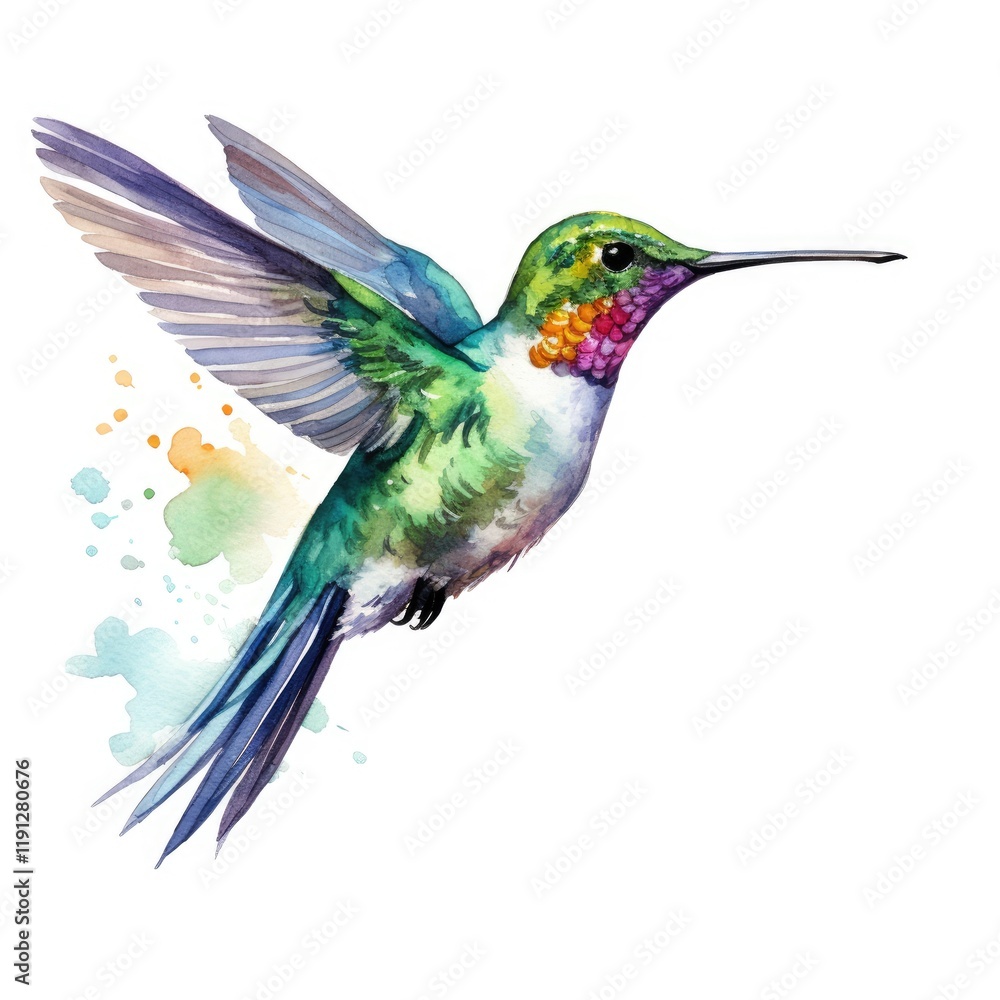 Fototapeta premium Colorful Hummingbird in Flight with Watercolor Background Accents