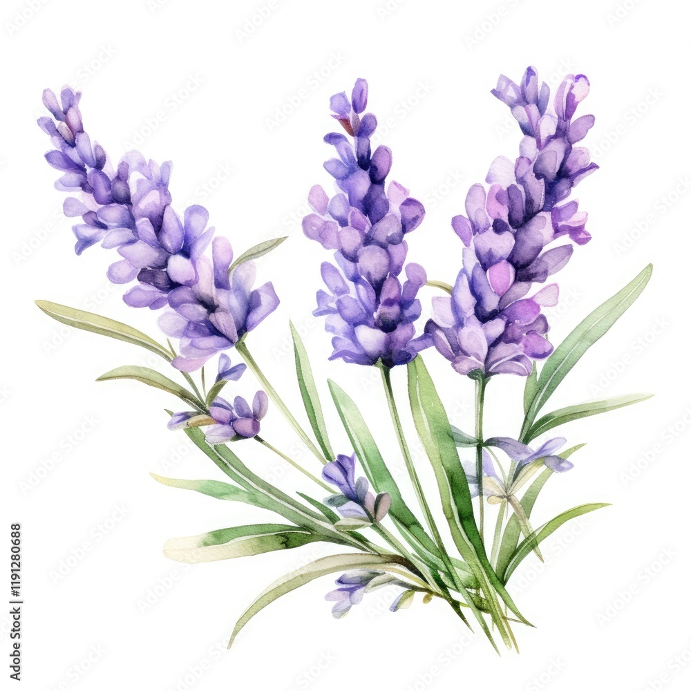Fototapeta premium Delicate Watercolor Lavender Flowers on White Background