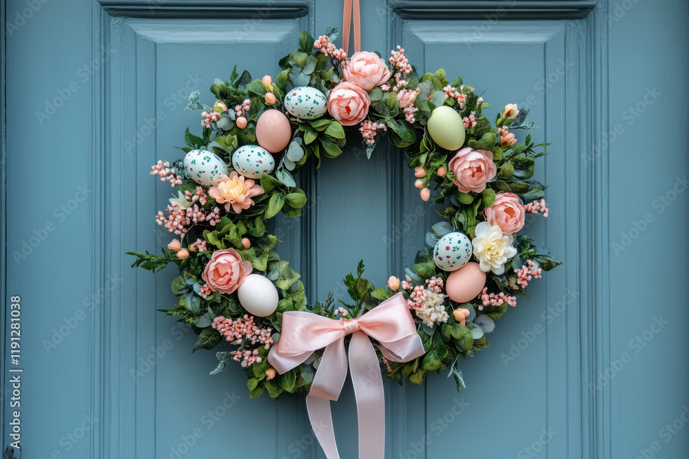 Naklejka premium Easter wreath adorned with flowers, greenery, and decorative eggs, hanging on door