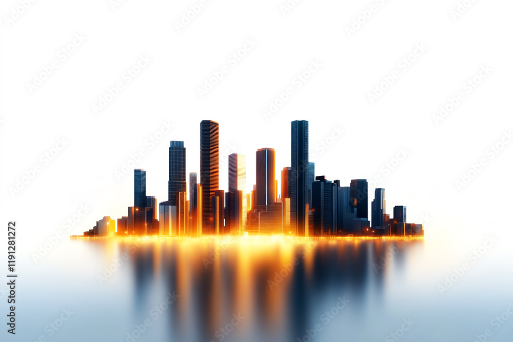 Fototapeta premium A stunning skyline at sunset, showcasing modern skyscrapers reflected in the water, creating an urban dreamscape.