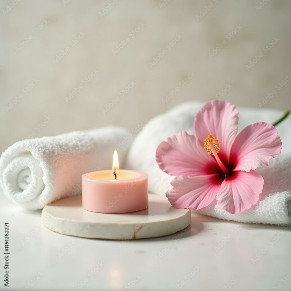 Minimalist Spa Arrangement with White Towel, Soy Candle, and Hibiscus Flower in Macro Detail Minimalist Spa Arrangement with White Towel, Soy Candle, and Hibiscus Flower in Macro Detail