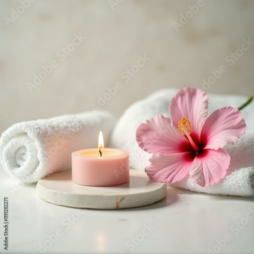 Minimalist Spa Arrangement with White Towel, Soy Candle, and Hibiscus Flower in Macro Detail