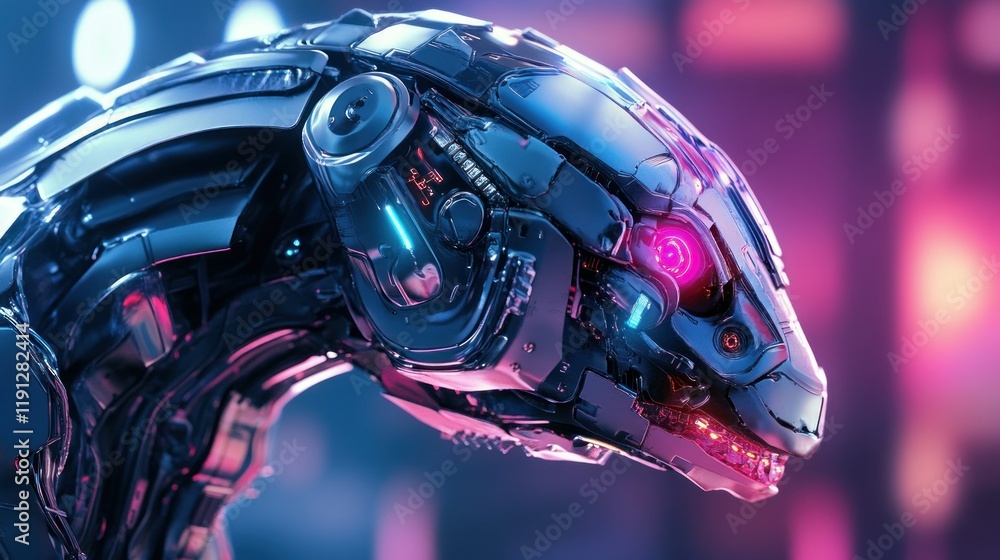 Fototapeta premium Chameleon reptile animal with modern cybernetic cyborg implant technology, background wallpaper AI generated image