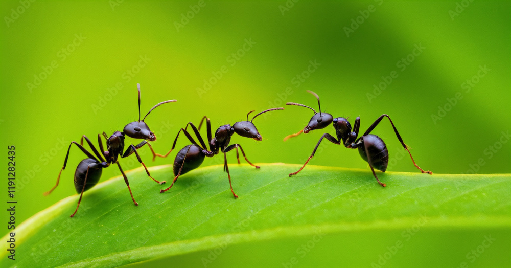 Micro photography of Black ants on green leaf, Mahe Seychelles