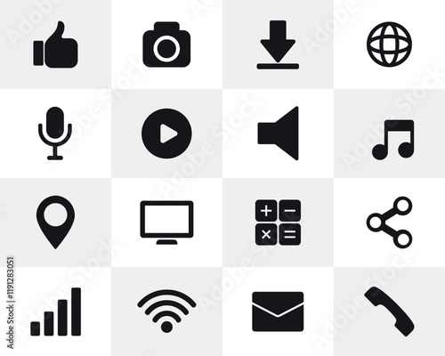 
A collection of black and white website and mobile app icon