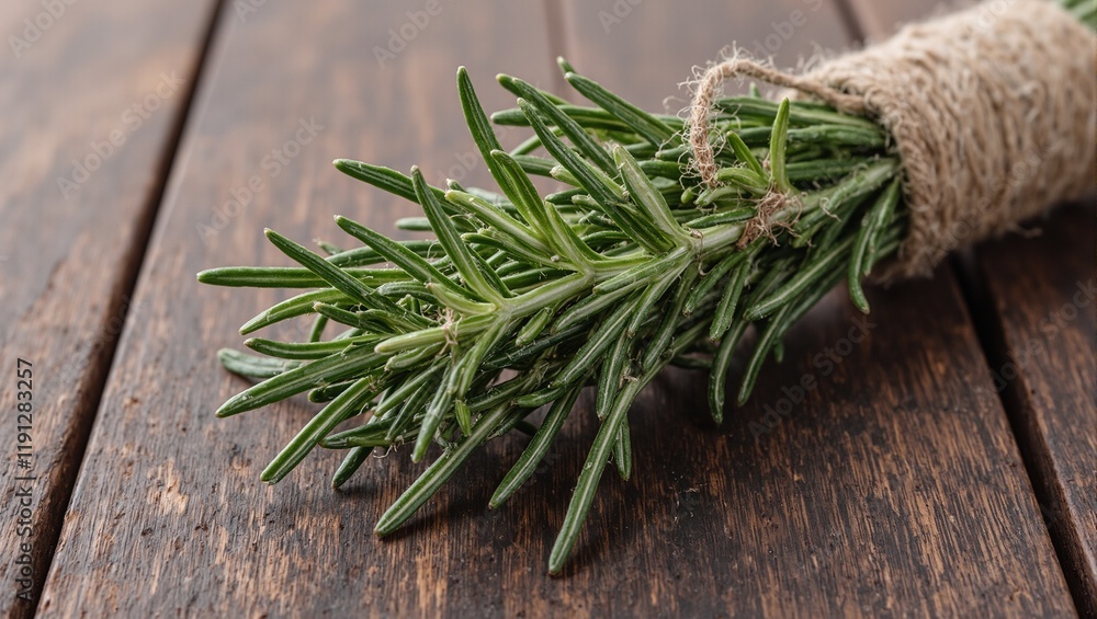 Fresh rosemary sprig with beige ribbon on dark wood blending rustic charm with elegance Fresh rosemary sprig with beige ribbon on dark wood blending rustic charm with elegance