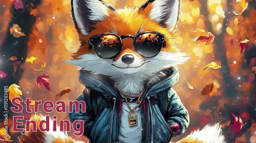 Playful fox character enjoys a vibrant autumn backdrop. stream ending overlay seamless loop Vtuber streamer asset twitch zoom OBS screen animated wallpaper virtual background