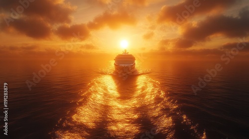 Majestic cruise ship majestically sailing into the breathtaking sunset across the tranquil shimmering ocean waves creating a serene and seascape  The warm