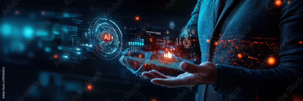 Businessman Analyzing Market Growth with AI Technology for Strategic Planning Businessman Analyzing Market Growth with AI Technology for Strategic Planning
