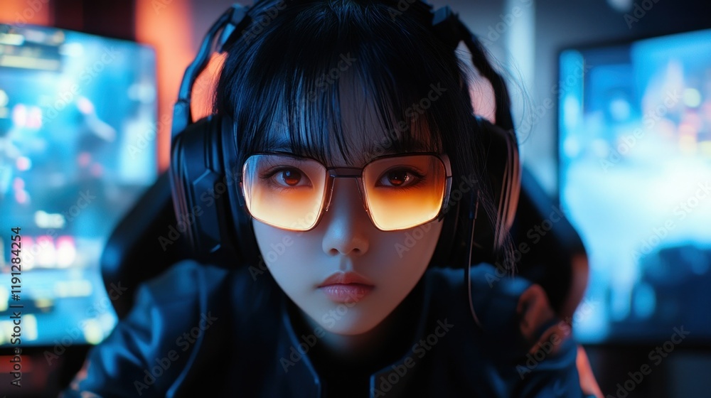 Young Asian girl gamer with cyber technology device for gaming, background wallpaper AI generated image Young Asian girl gamer with cyber technology device for gaming, background wallpaper AI generated image